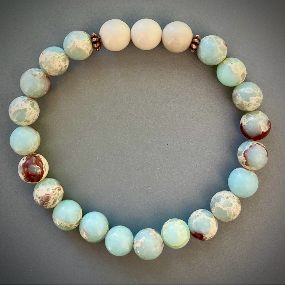 Blue Imperial Jasper and Ivory Fossil Jasper Handcrafted Bead Bracelet